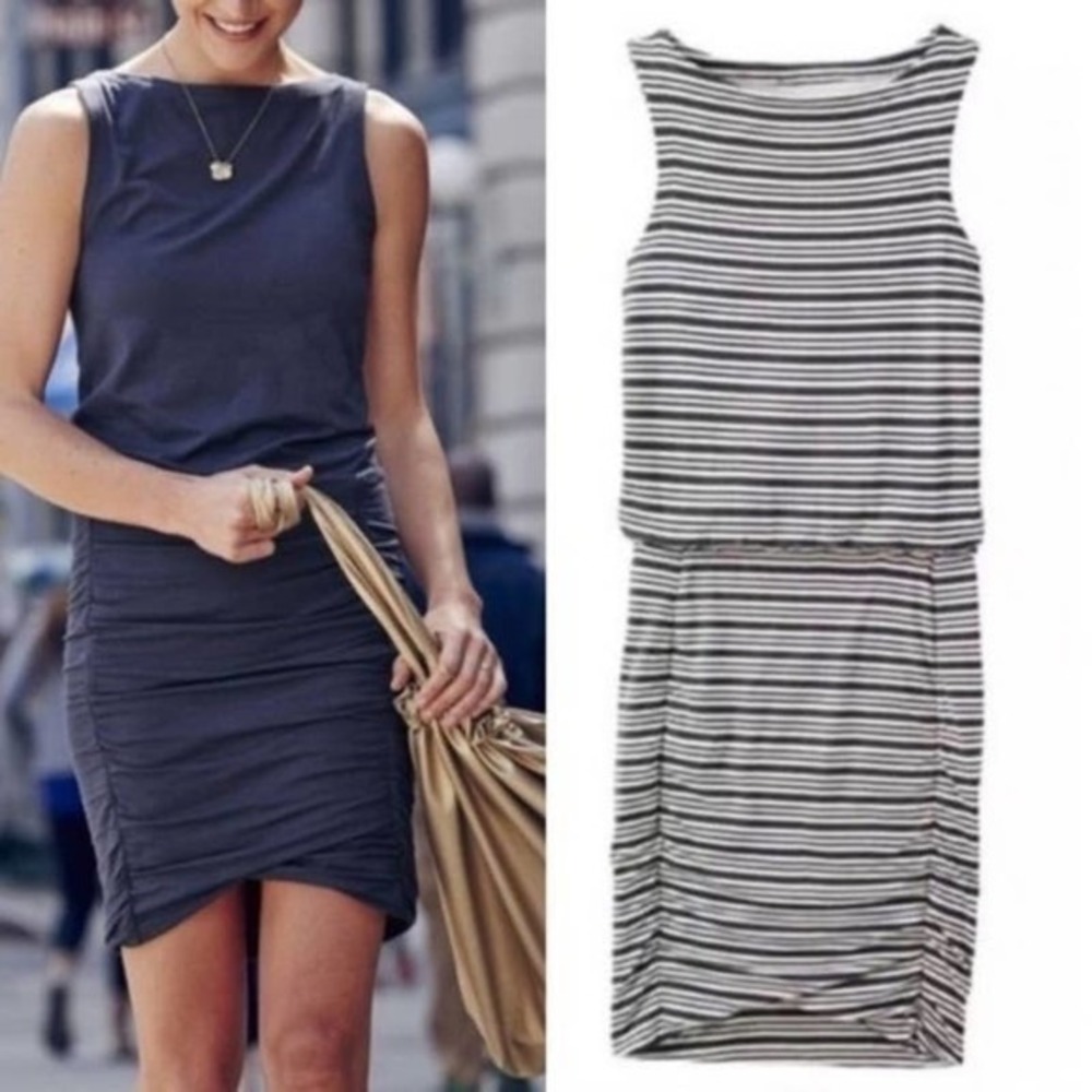 Athleta Tulip Striped Ruched Dress Navy & Cream sleeveless ruched comfort small